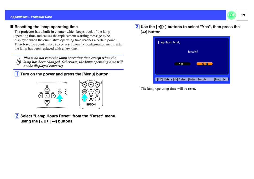 Epson ELPLP29, EMP-S1H manual Resetting the lamp operating time 