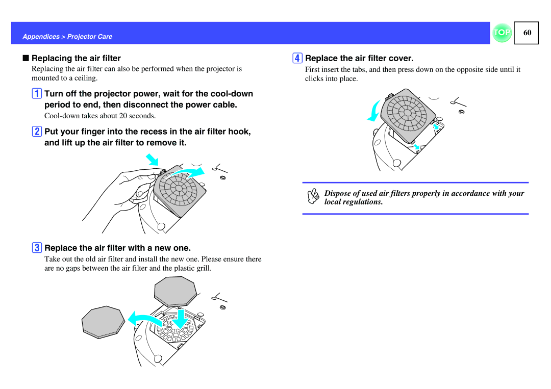 Epson EMP-S1H, ELPLP29 manual Replacing the air filter, DReplace the air filter cover 