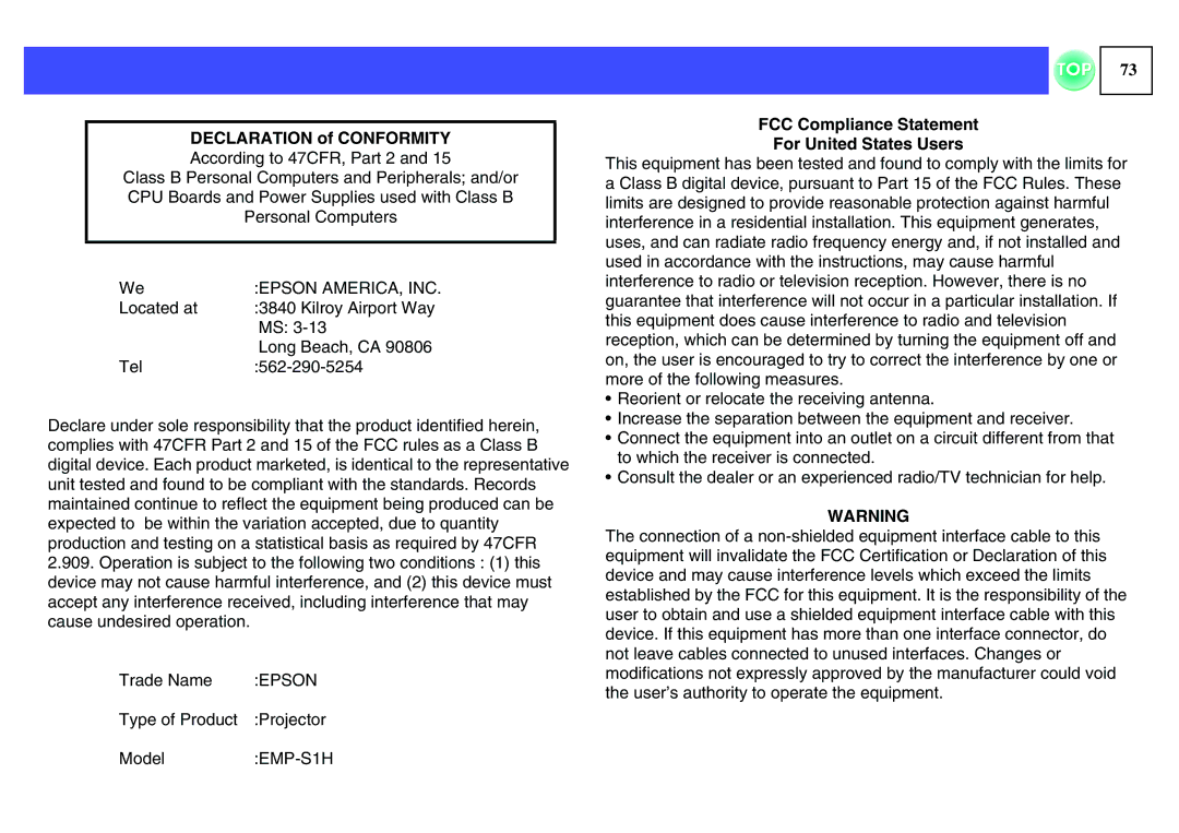 Epson ELPLP29, EMP-S1H manual FCC Compliance Statement For United States Users 