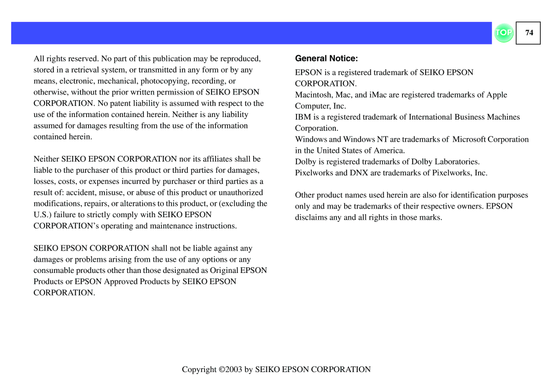 Epson EMP-S1H, ELPLP29 manual General Notice 