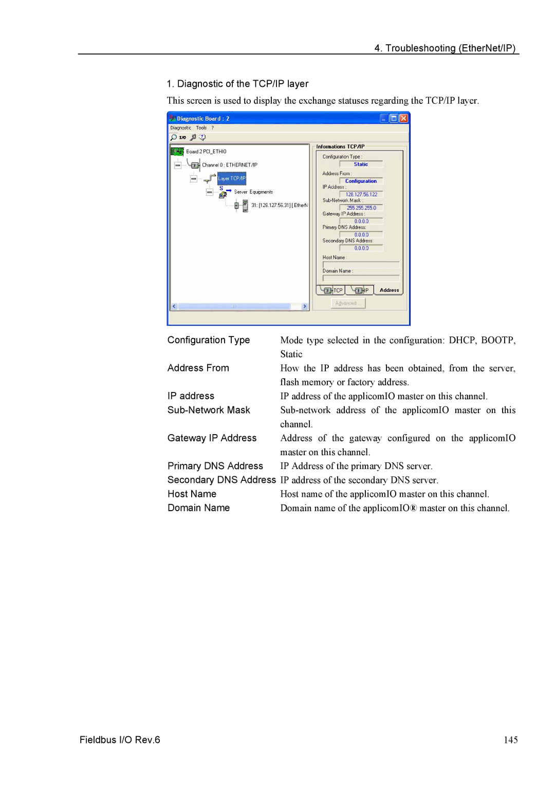 Epson EM07ZS1647F Troubleshooting EtherNet/IP Diagnostic of the TCP/IP layer, Configuration Type, Address From, IP address 