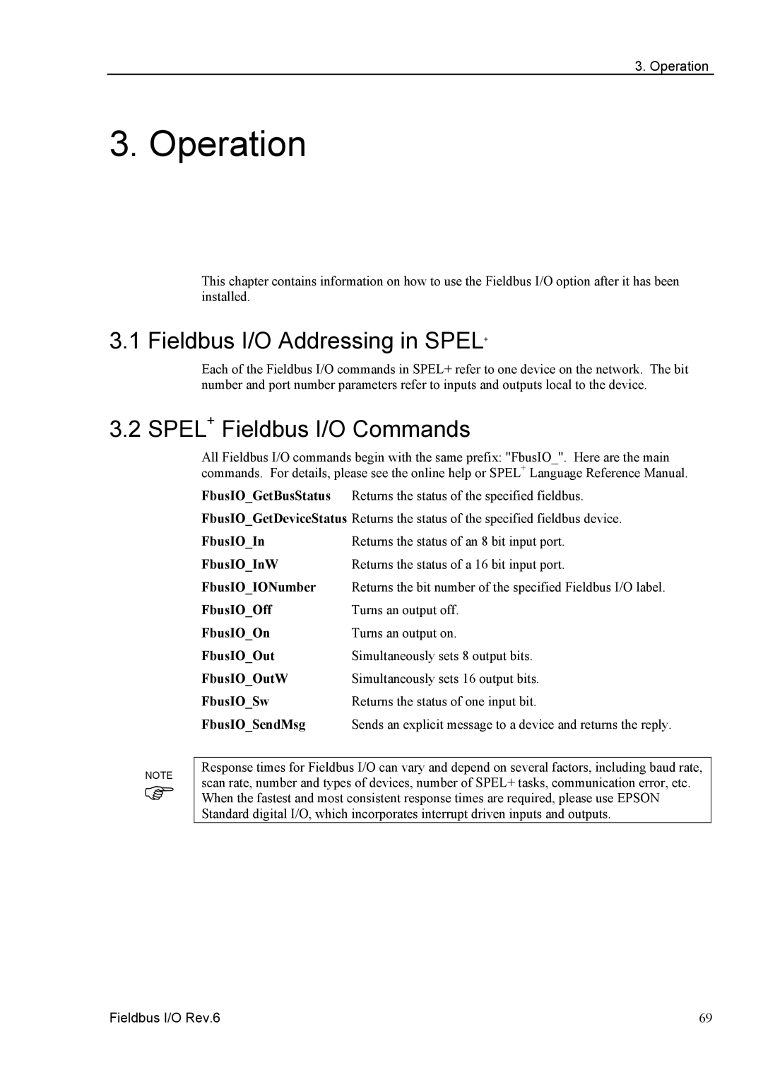 Epson EM07ZS1647F manual Fieldbus I/O Addressing in SPEL+, SPEL+ Fieldbus I/O Commands, Operation 