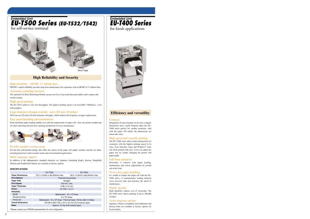 Epson EMBEDDED UNIT EU EU-T500 Series EU-T532/T542, Short Type, Receipt printing Printer life, Overall Dimensions Mass 