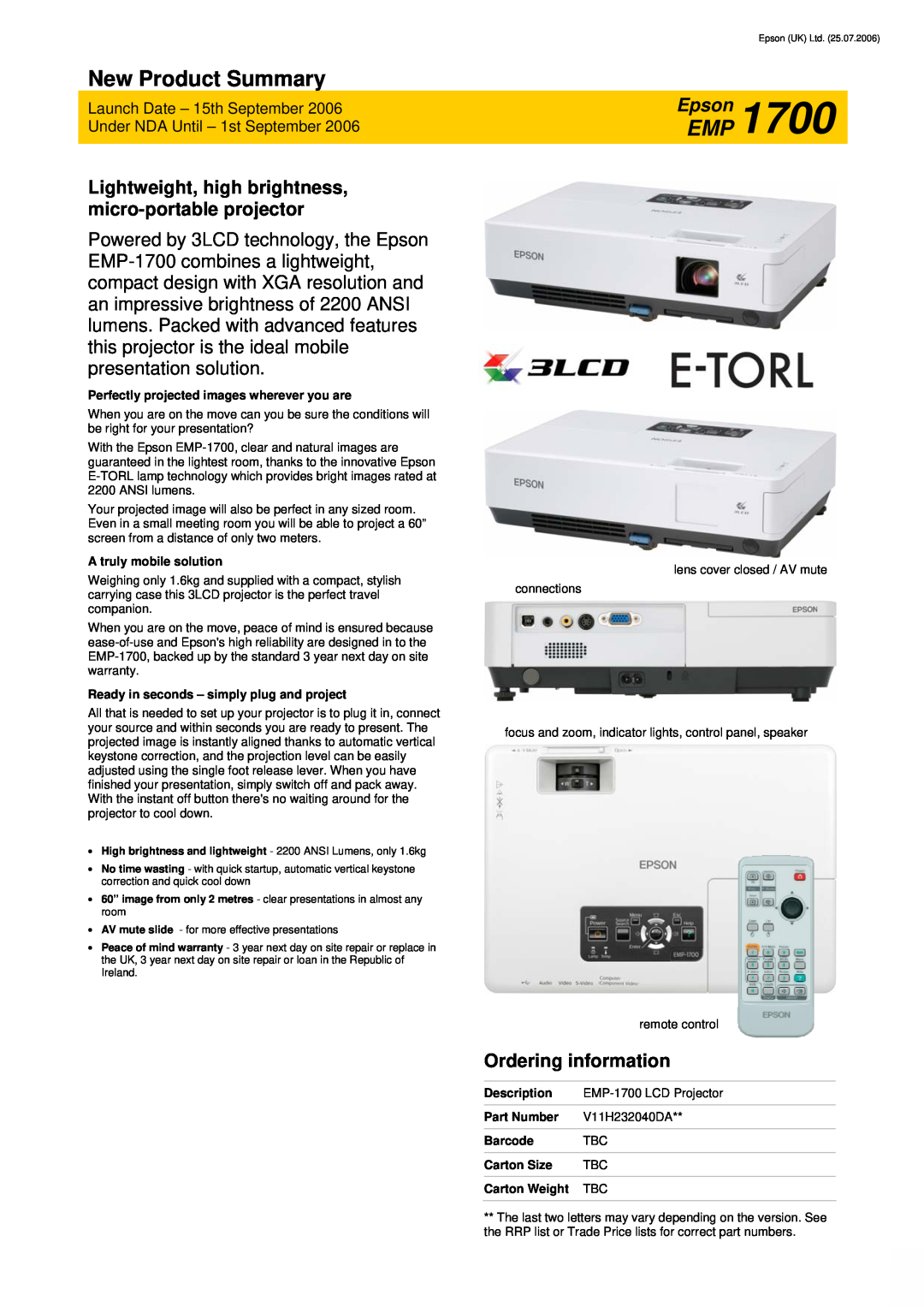 Epson EMP-1700 warranty Ordering information, New Product Summary, EpsonEMP 