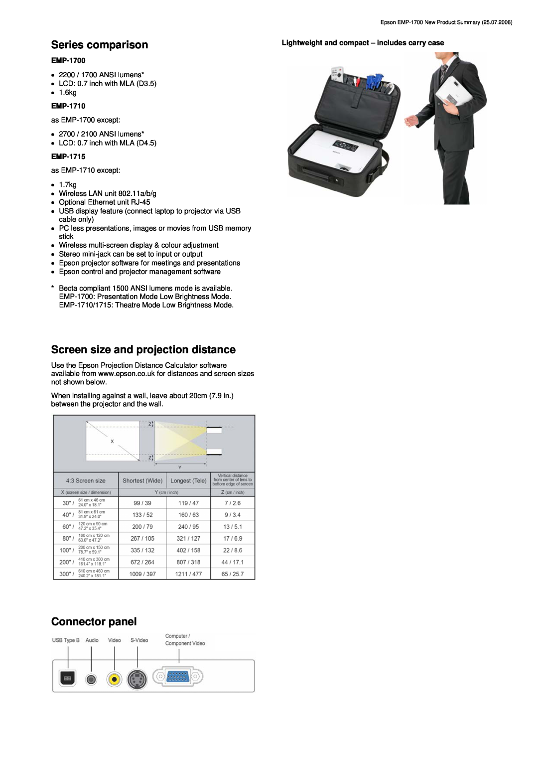 Epson EMP-1700 warranty Series comparison, Screen size and projection distance, Connector panel, EMP-1710, EMP-1715 
