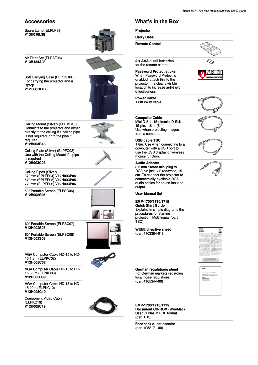 Epson EMP-1700 warranty Accessories, What’s in the Box 