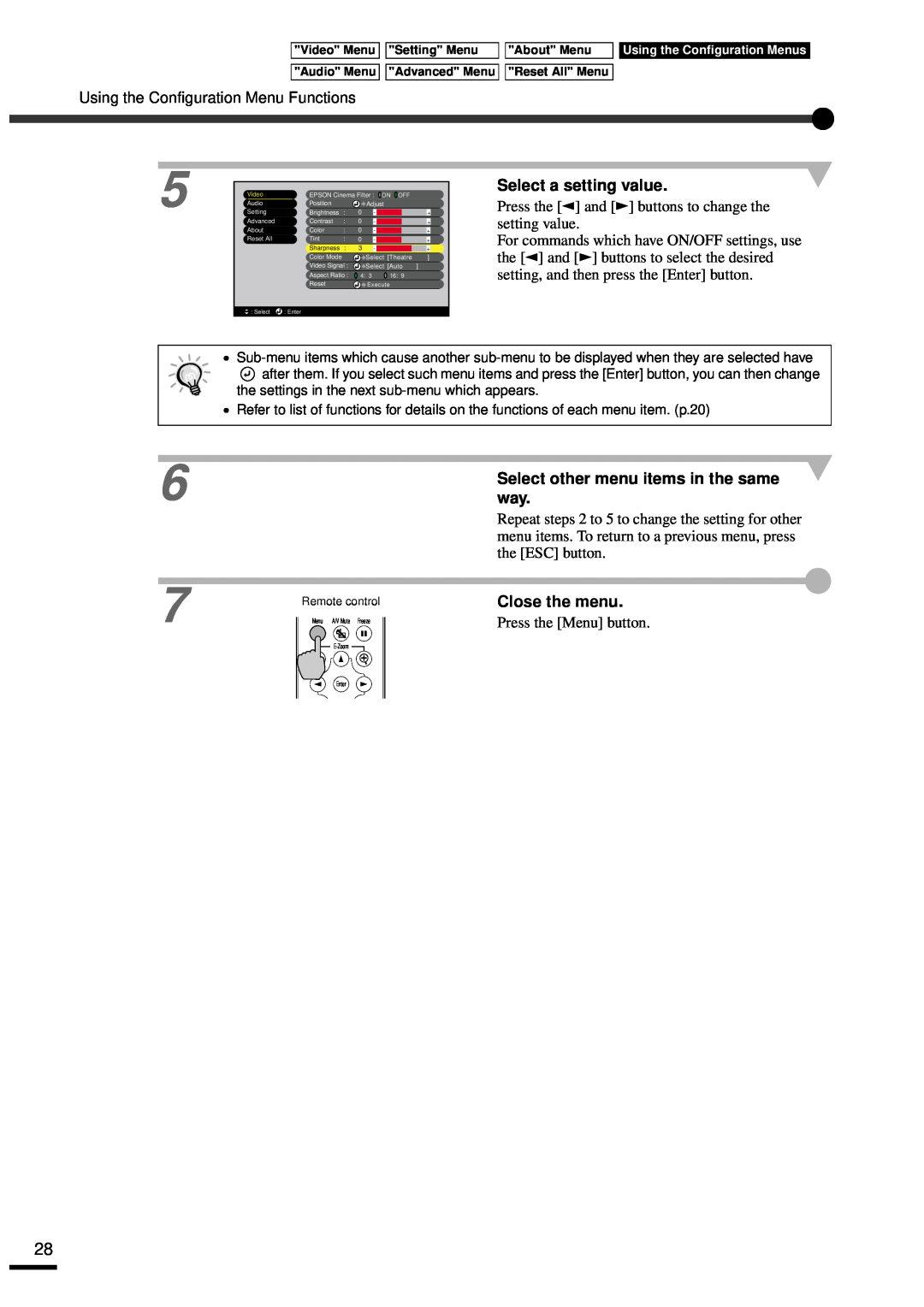 Epson EMP-30 manual Select a setting value, Select other menu items in the same way, Close the menu 