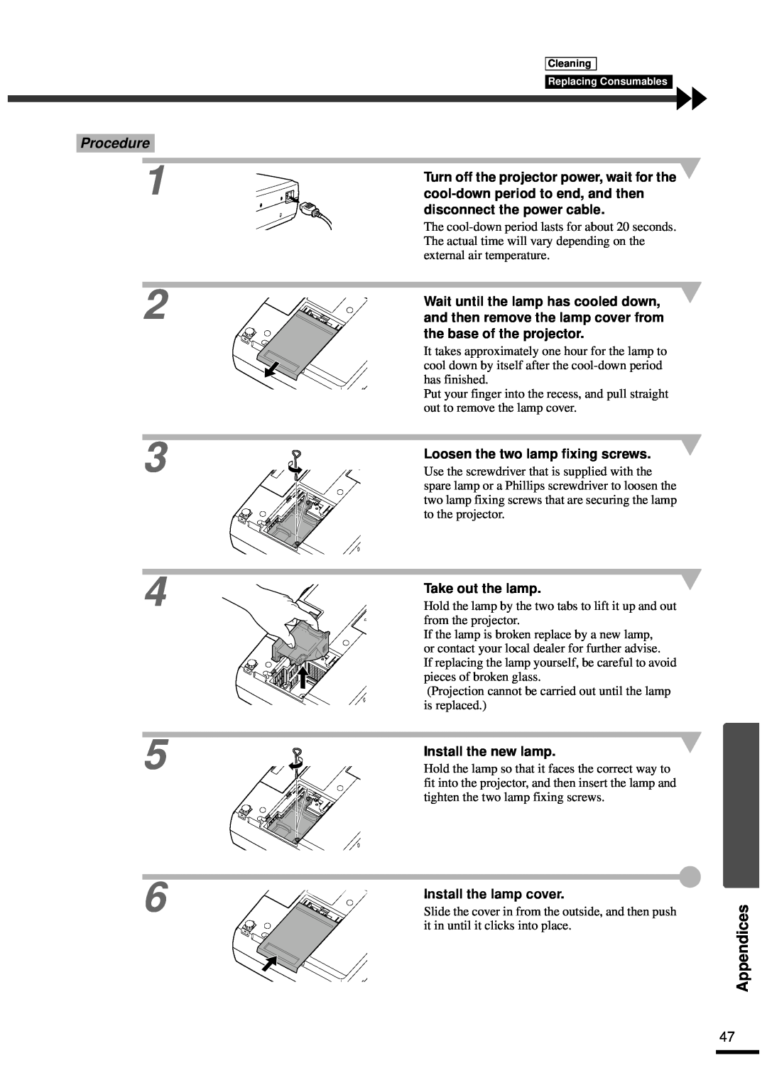 Epson EMP-30 manual Appendices, Procedure, Loosen the two lamp fixing screws, Take out the lamp, Install the new lamp 