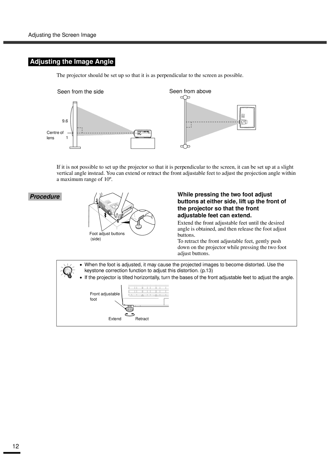 Epson EMP-30 manual Adjusting the Image Angle, Adjusting the Screen Image, Seen from the side Seen from above 