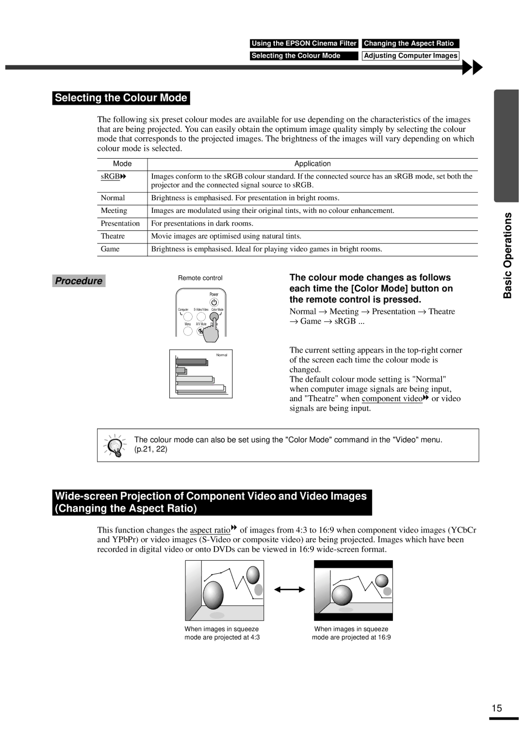 Epson EMP-30 manual Selecting the Colour Mode, Operations, Basic 