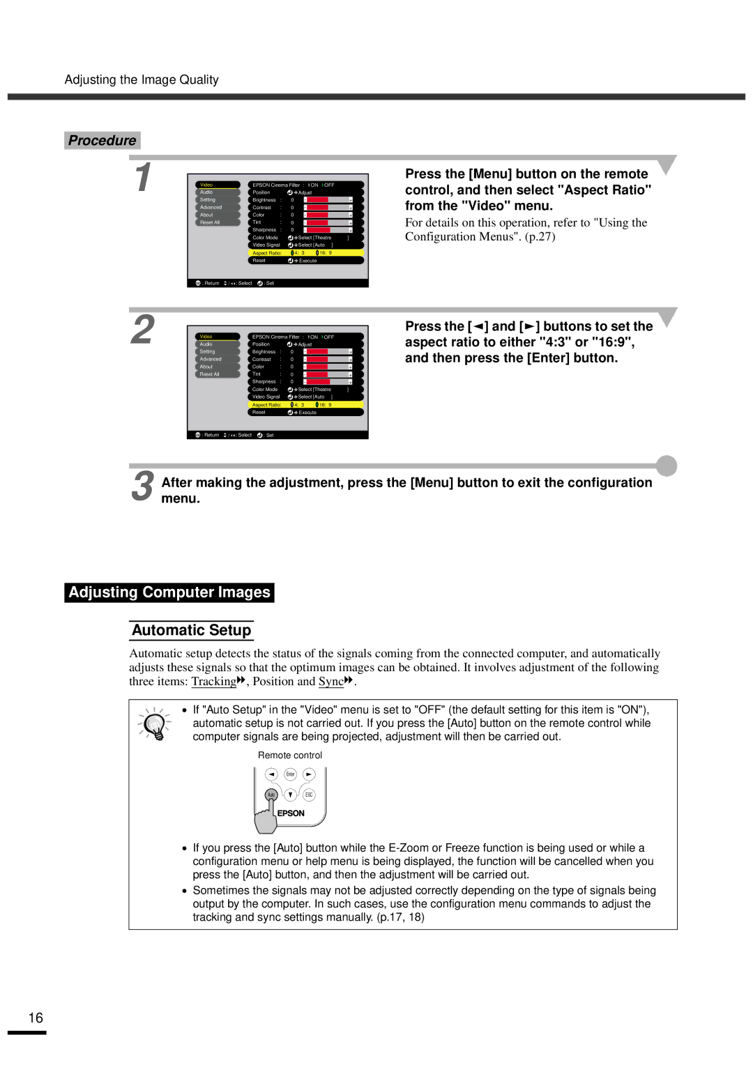 Epson EMP-30 manual Adjusting Computer Images, Automatic Setup, Adjusting the Image Quality 