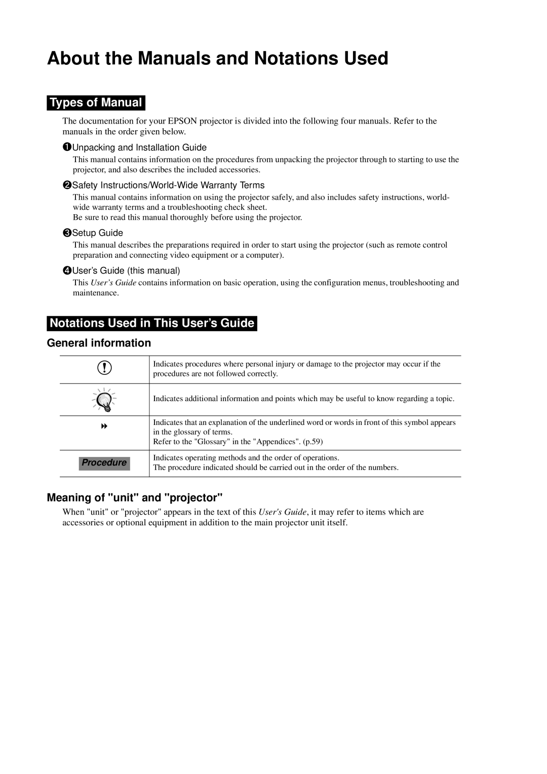 Epson EMP-30 manual About the Manuals and Notations Used, General information, Meaning of unit and projector 