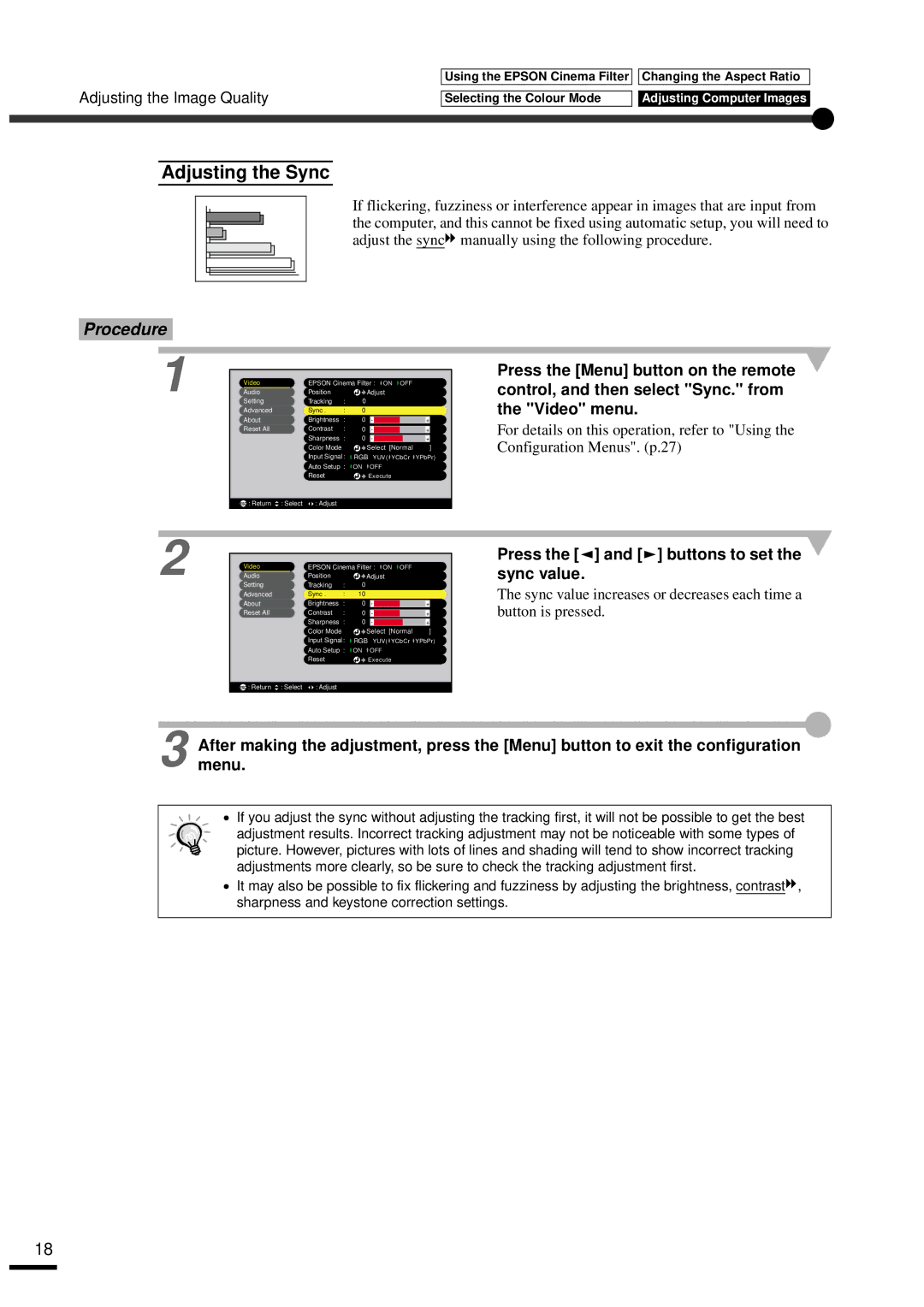 Epson EMP-30 manual Adjusting the Sync, Press the and buttons to set the sync value 