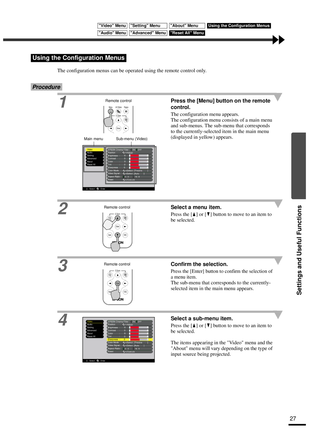 Epson EMP-30 manual Using the Configuration Menus, Select a menu item, Confirm the selection, Select a sub-menu item 