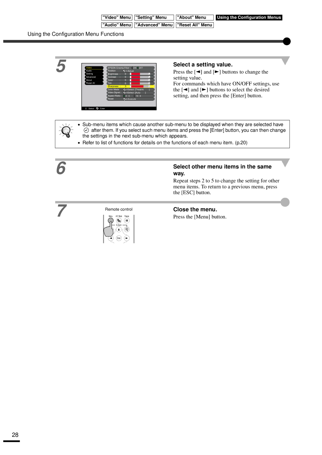 Epson EMP-30 manual Select a setting value, Select other menu items in the same way, Close the menu 