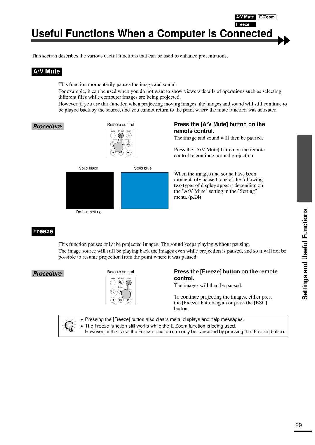 Epson EMP-30 manual Useful Functions When a Computer is Connected, Mute, Freeze, Remote control 