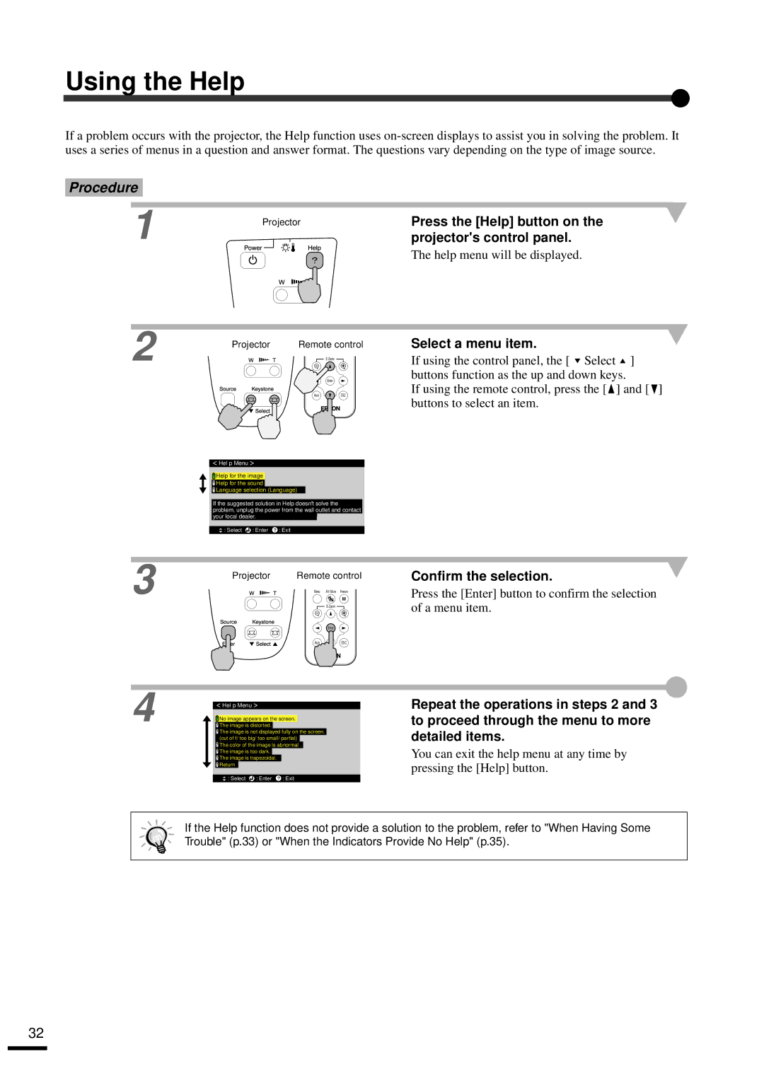 Epson EMP-30 manual Using the Help 