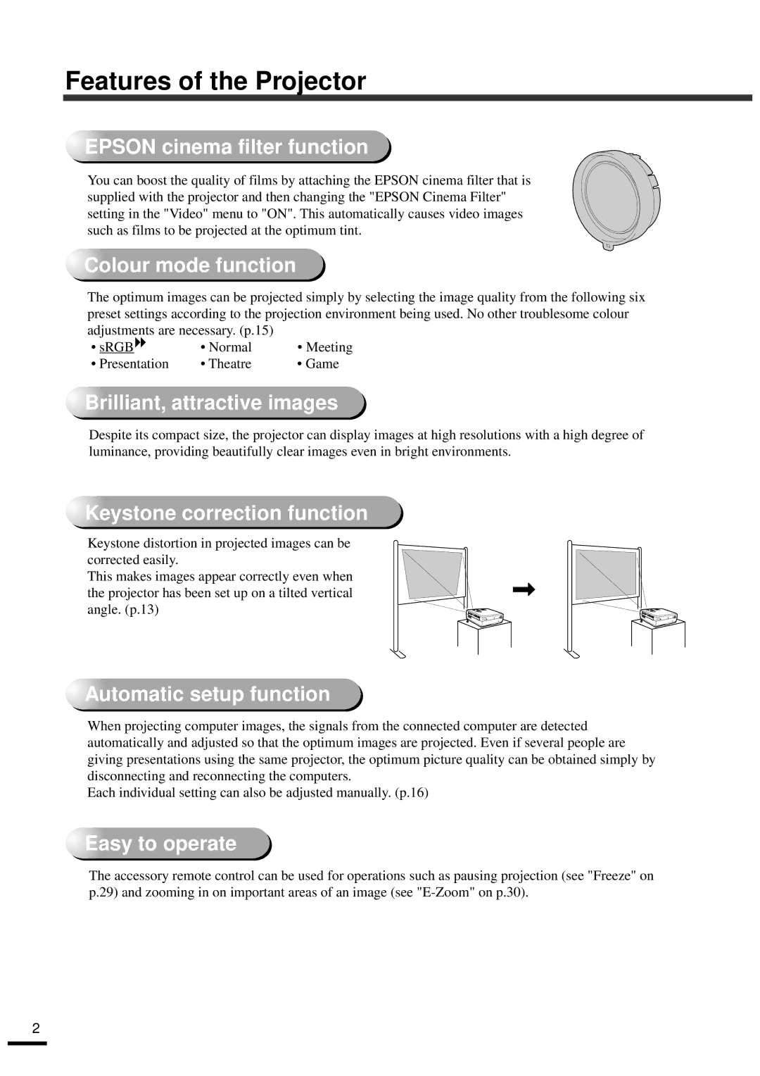 Epson EMP-30 manual Features of the Projector, Epson cinema filter function 