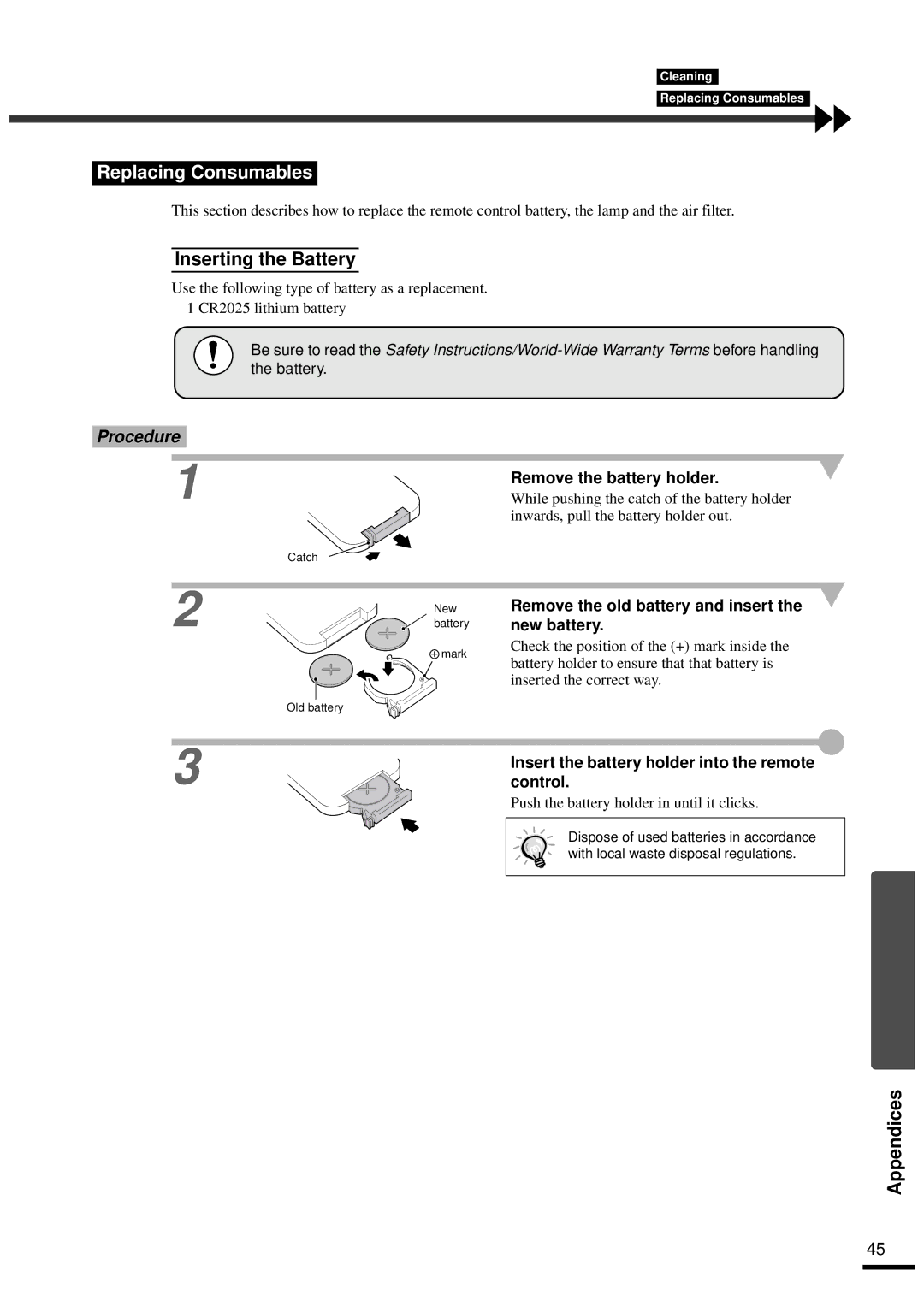 Epson EMP-30 manual Replacing Consumables, Inserting the Battery, Appendices, Remove the battery holder 