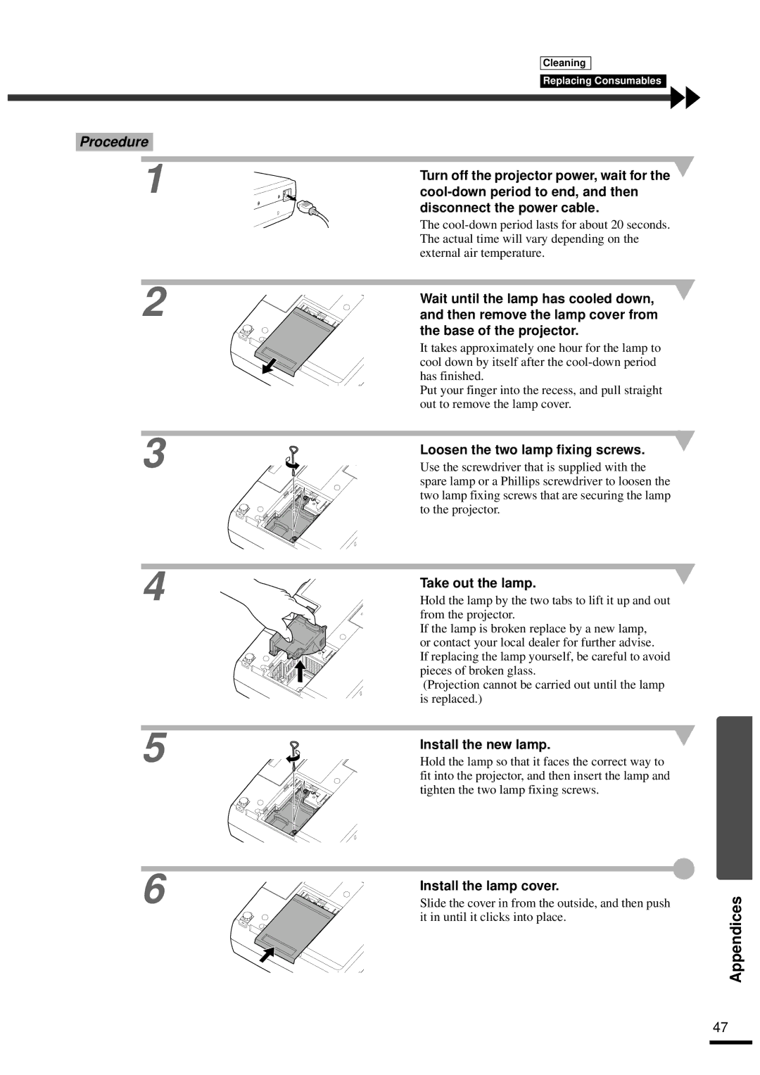 Epson EMP-30 manual Loosen the two lamp fixing screws, Take out the lamp, Install the new lamp, Install the lamp cover 