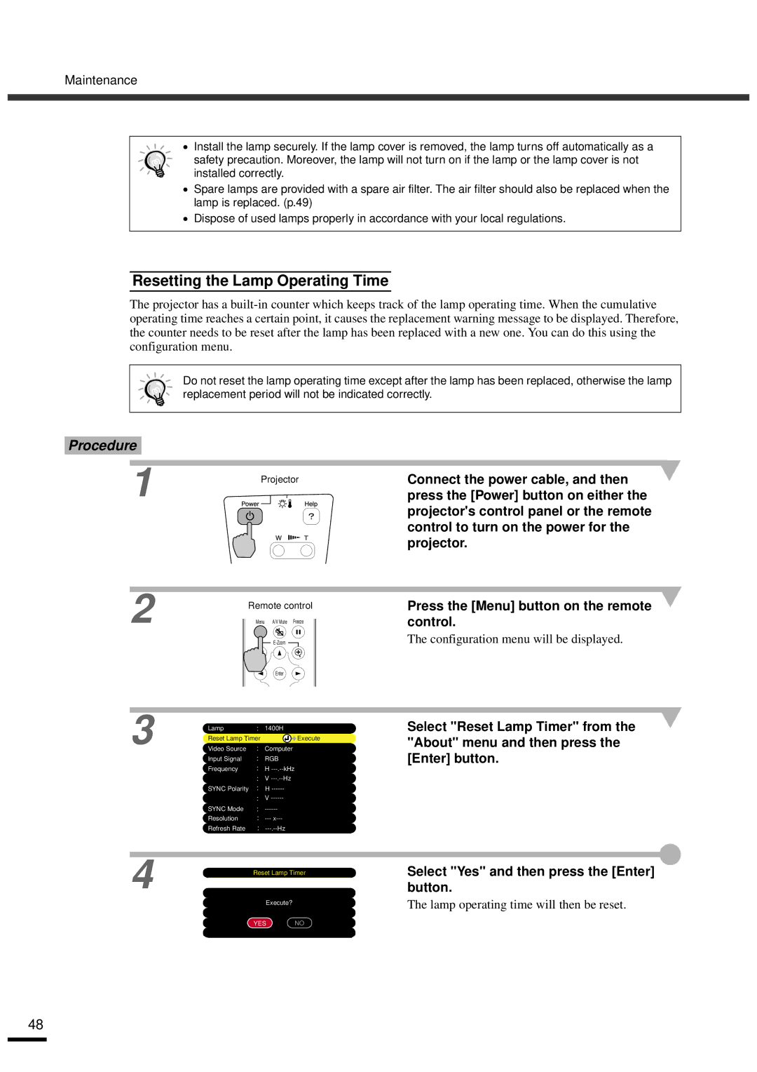 Epson EMP-30 Resetting the Lamp Operating Time, Connect the power cable, and then, Configuration menu will be displayed 