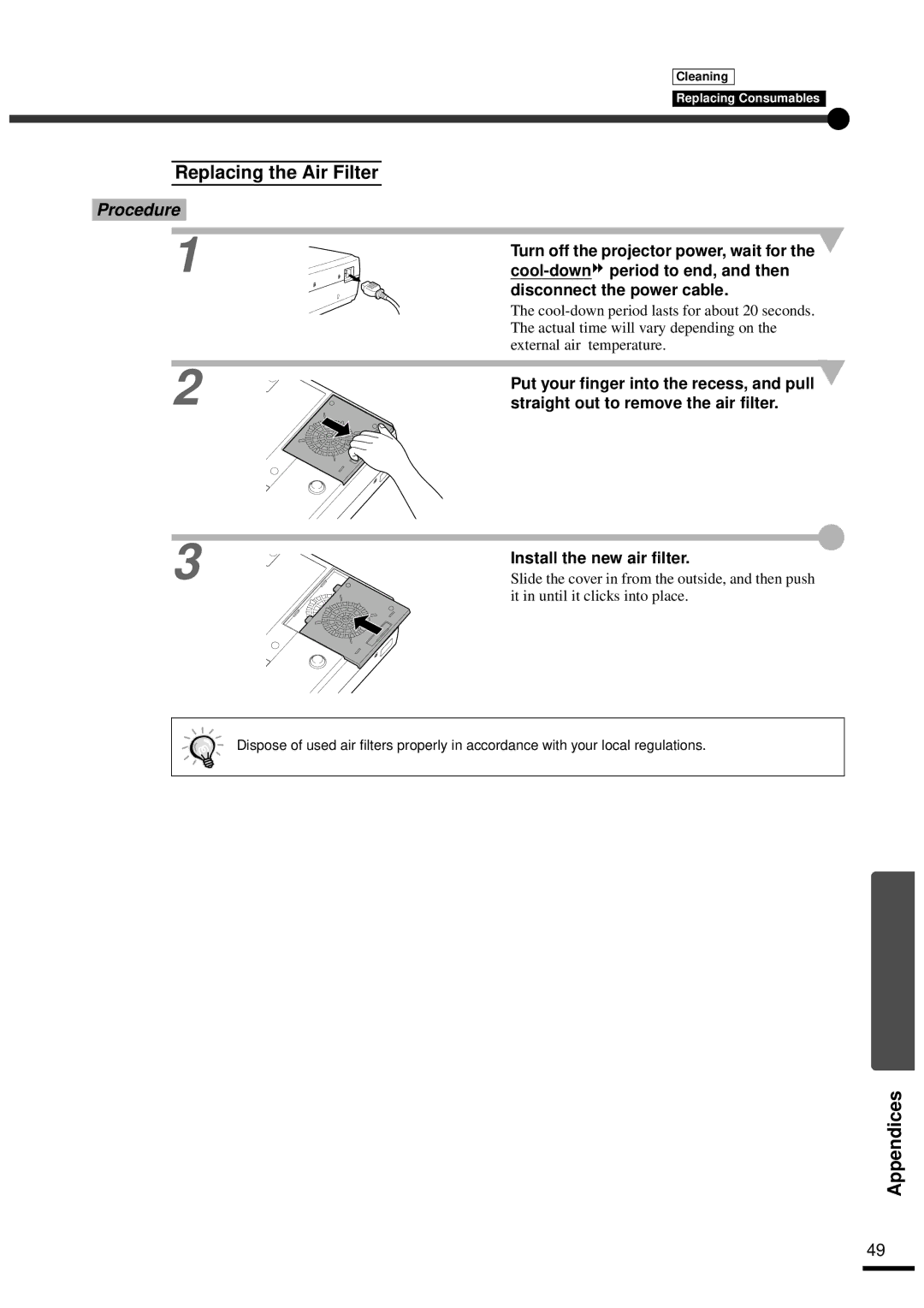 Epson EMP-30 manual Replacing the Air Filter 