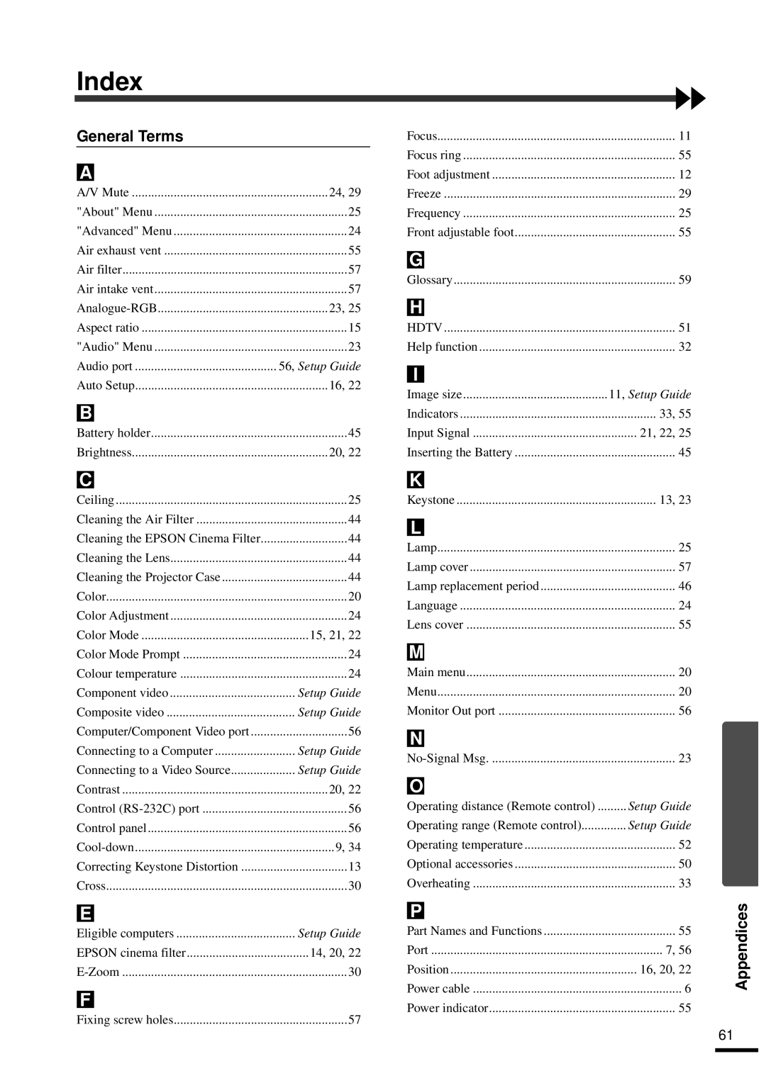 Epson EMP-30 manual Index, General Terms 