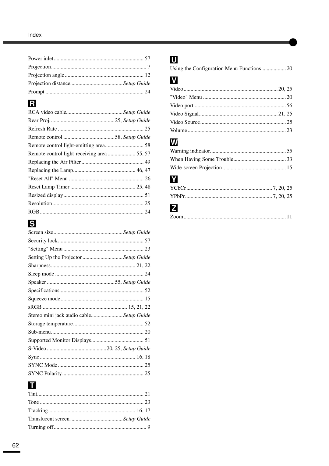 Epson EMP-30 manual Index, Rear Proj, Remote control light-receiving area, Using the Configuration Menu Functions, YPbPr 