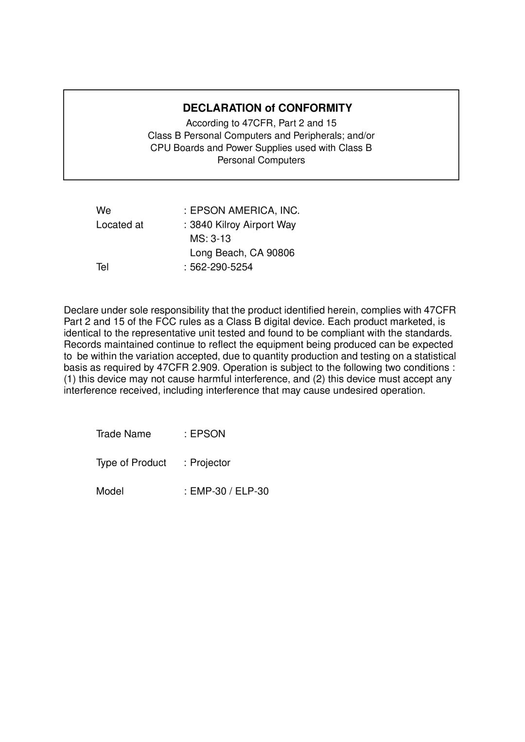 Epson EMP-30 manual Declaration of Conformity 