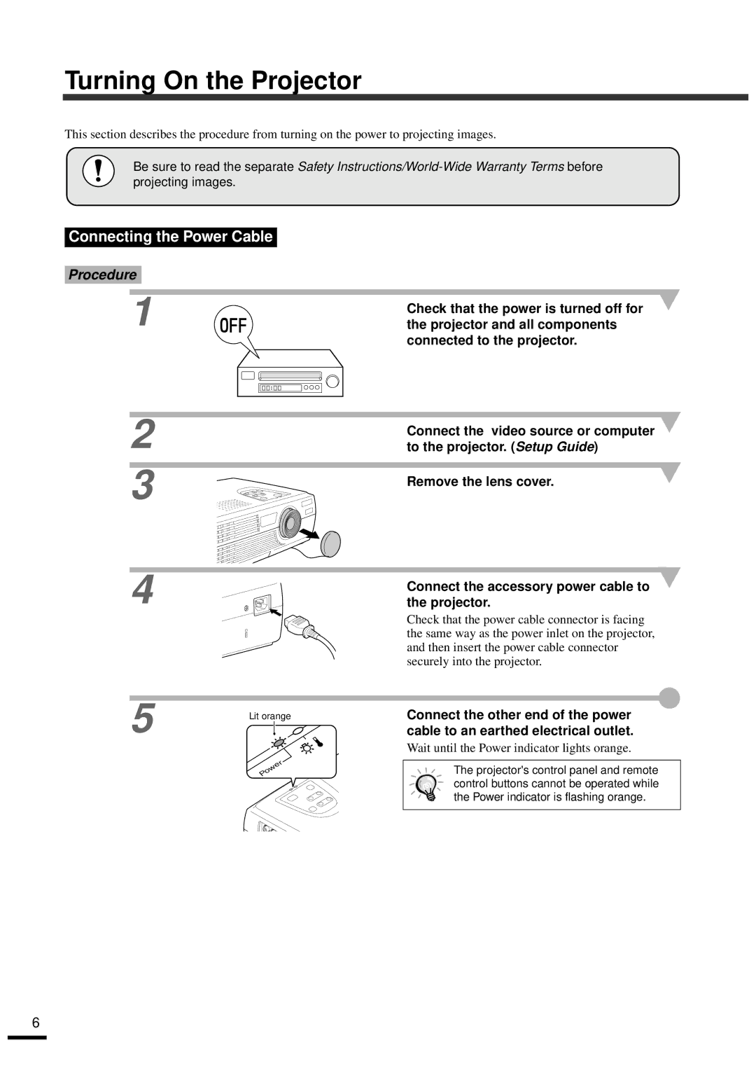 Epson EMP-30 manual Turning On the Projector, Connecting the Power Cable 