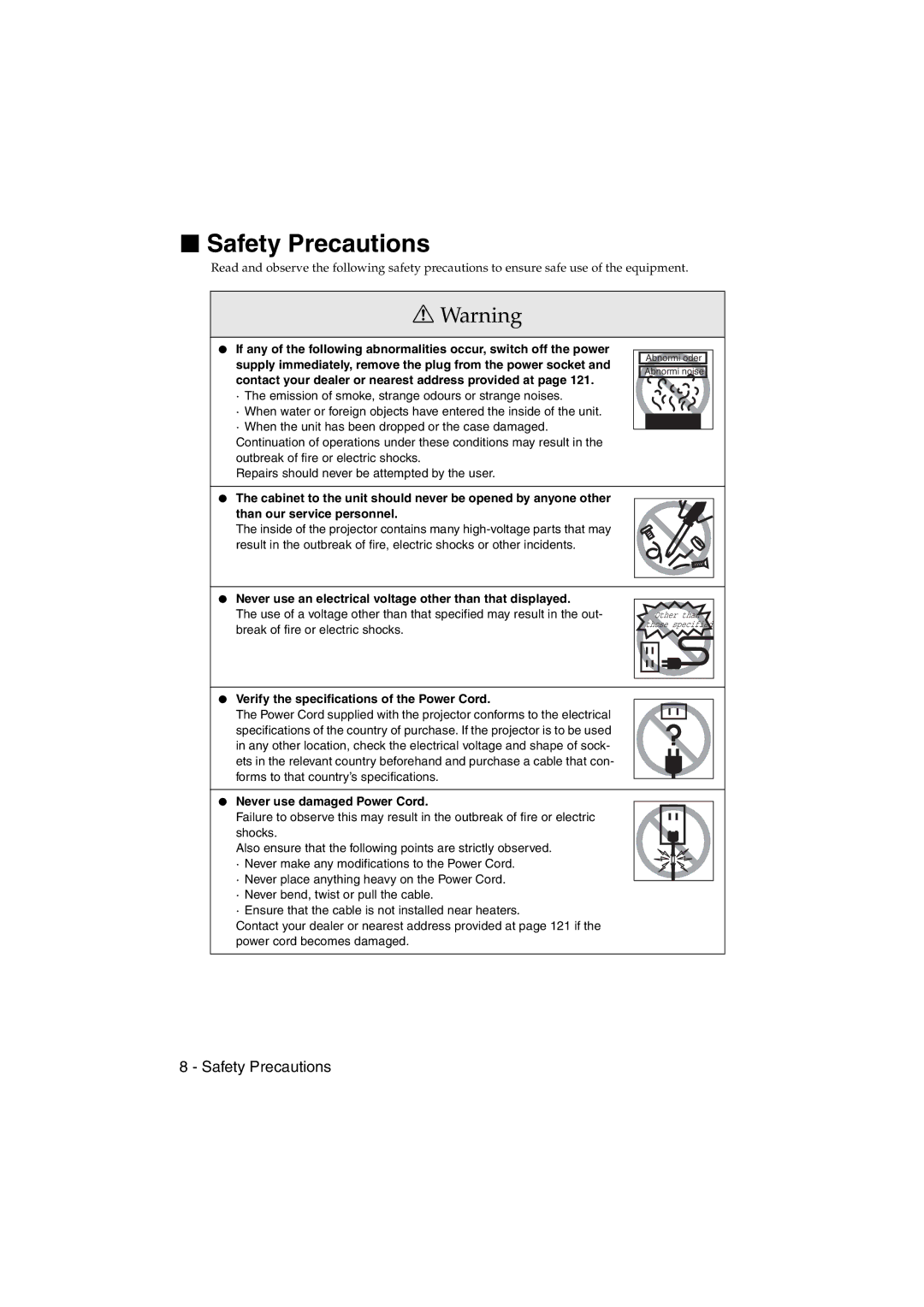 Epson EMP-715/505 manual Safety Precautions 