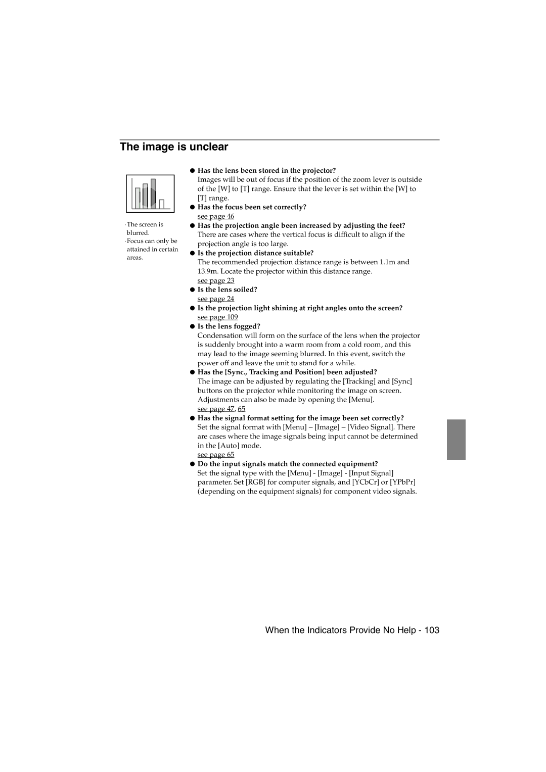 Epson EMP-715/505 manual Image is unclear, Has the lens been stored in the projector? 