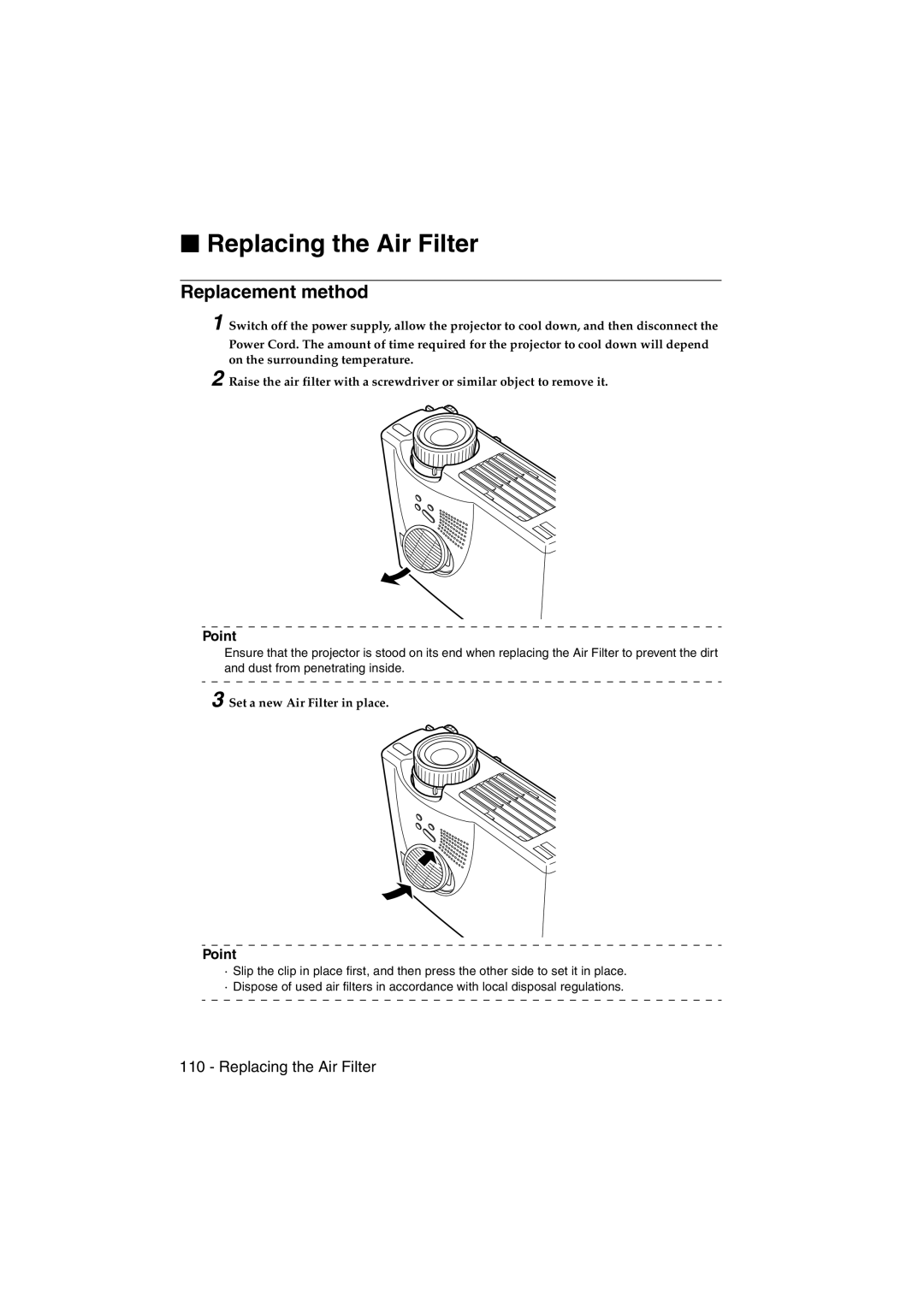 Epson EMP-715/505 manual Replacing the Air Filter, Replacement method, Set a new Air Filter in place 