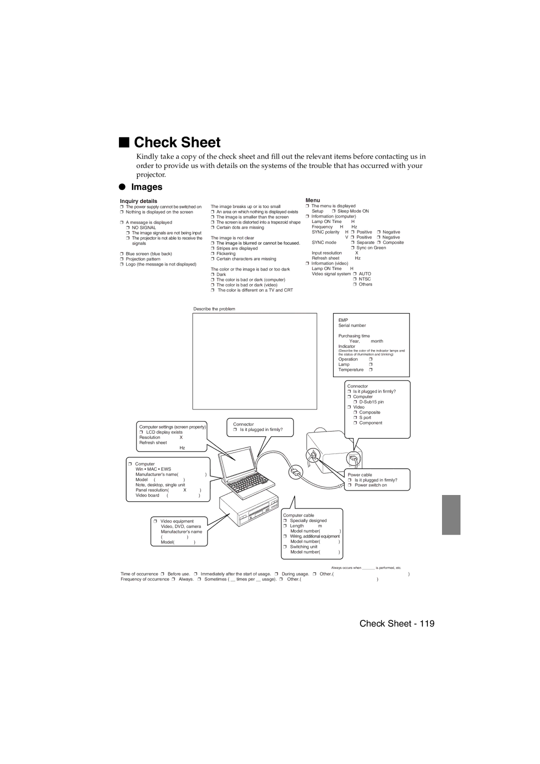 Epson EMP-715/505 manual Check Sheet, Images 