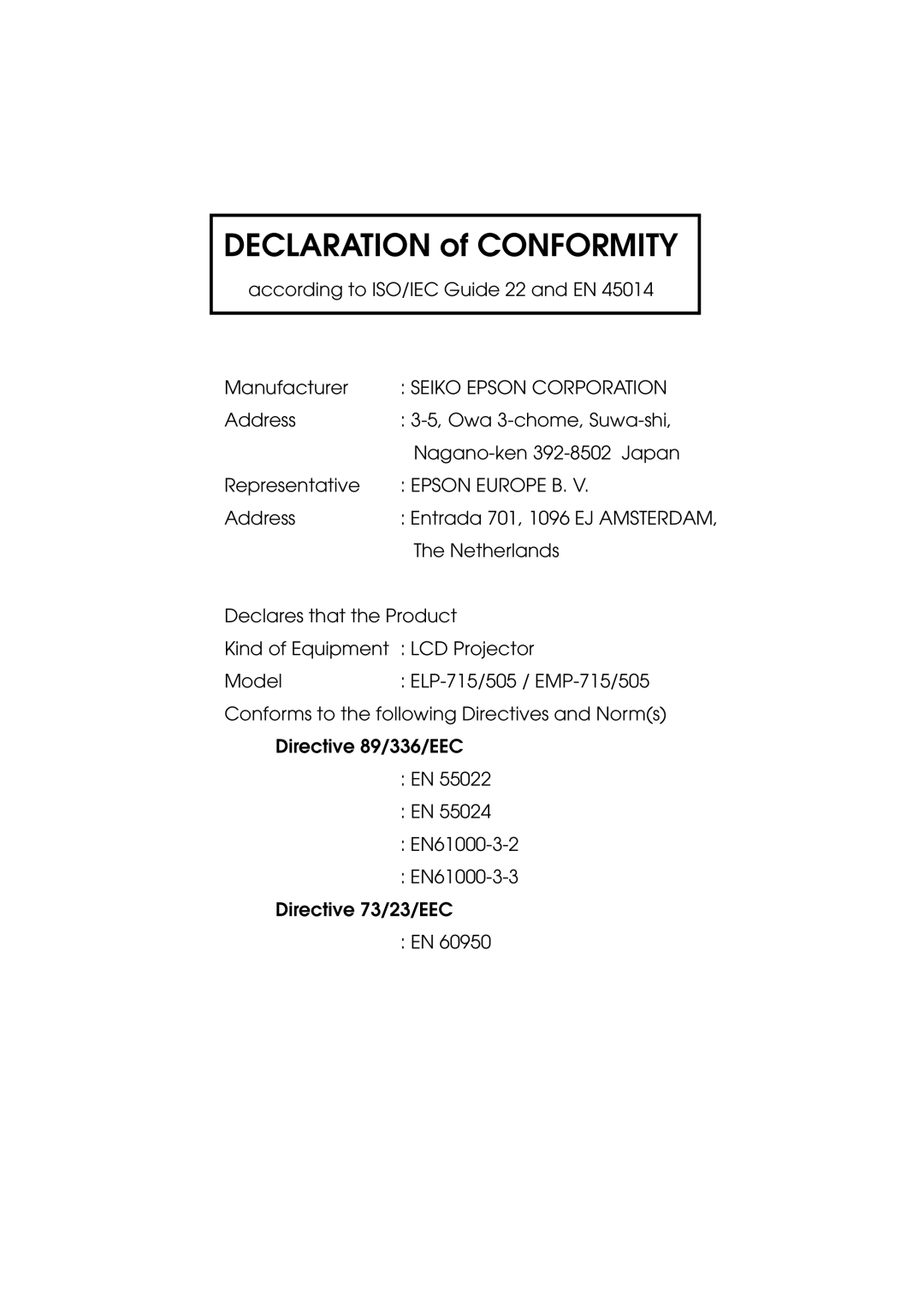 Epson EMP-715/505 manual Declaration of Conformity 