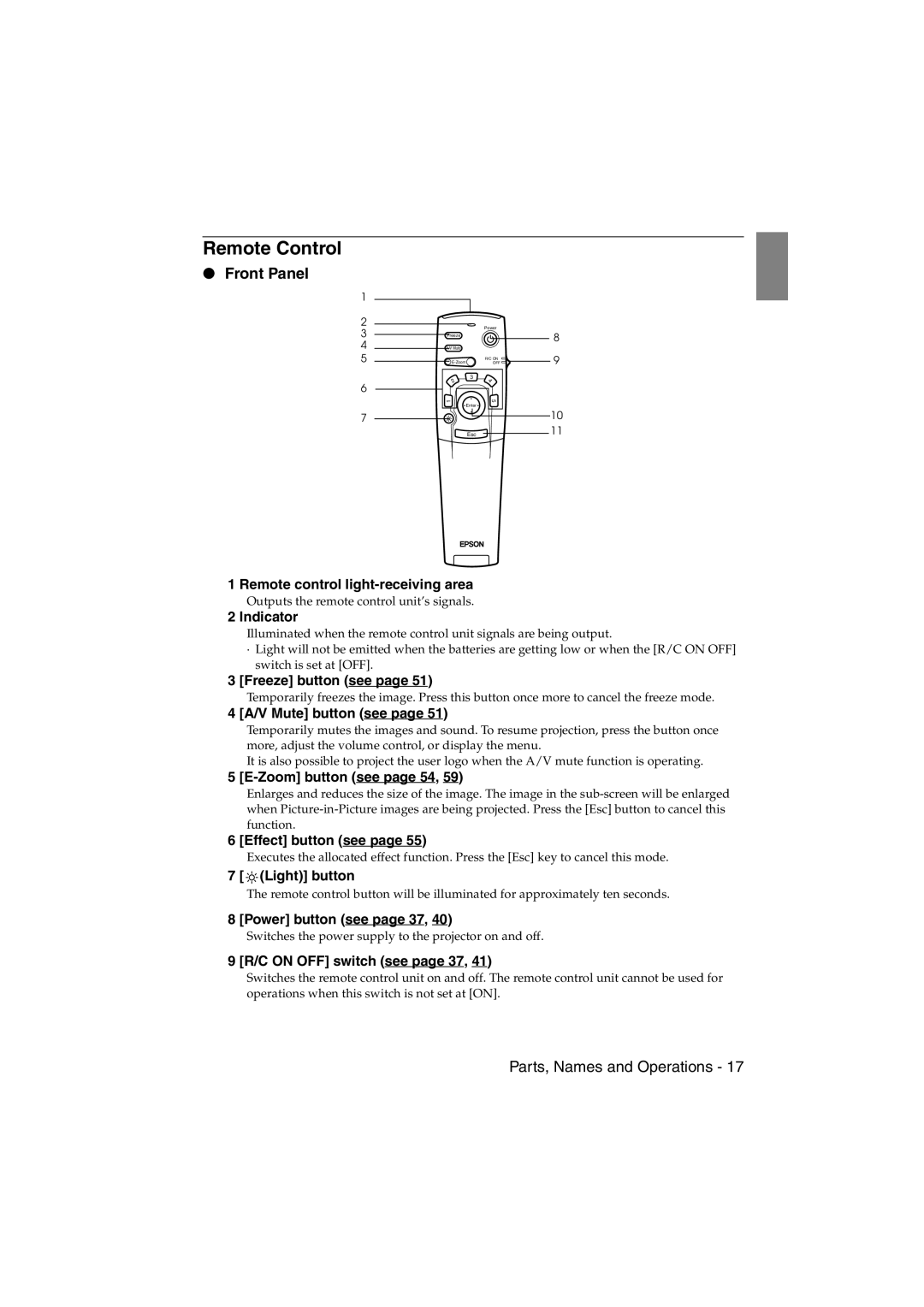 Epson EMP-715/505 manual Remote Control, Indicator 