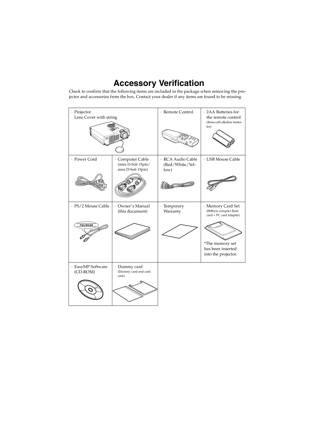 Epson EMP-715/505 manual Accessory Verification 