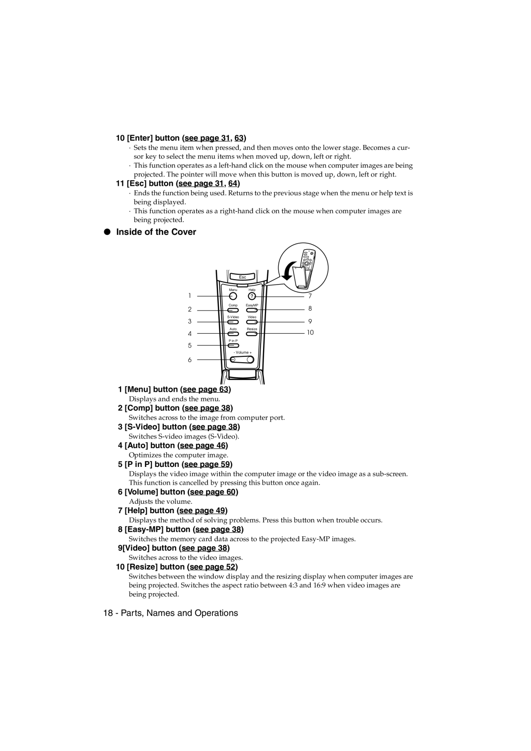 Epson EMP-715/505 manual Inside of the Cover, Enter button see page 31 