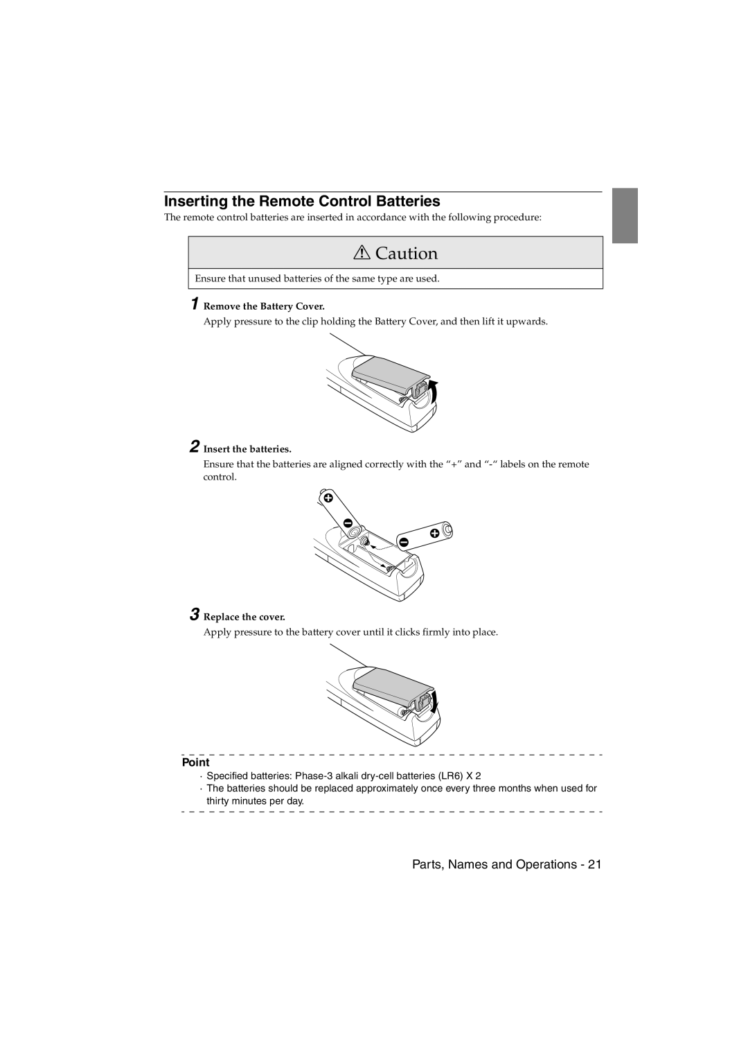 Epson EMP-715/505 manual Inserting the Remote Control Batteries, Remove the Battery Cover, Insert the batteries 