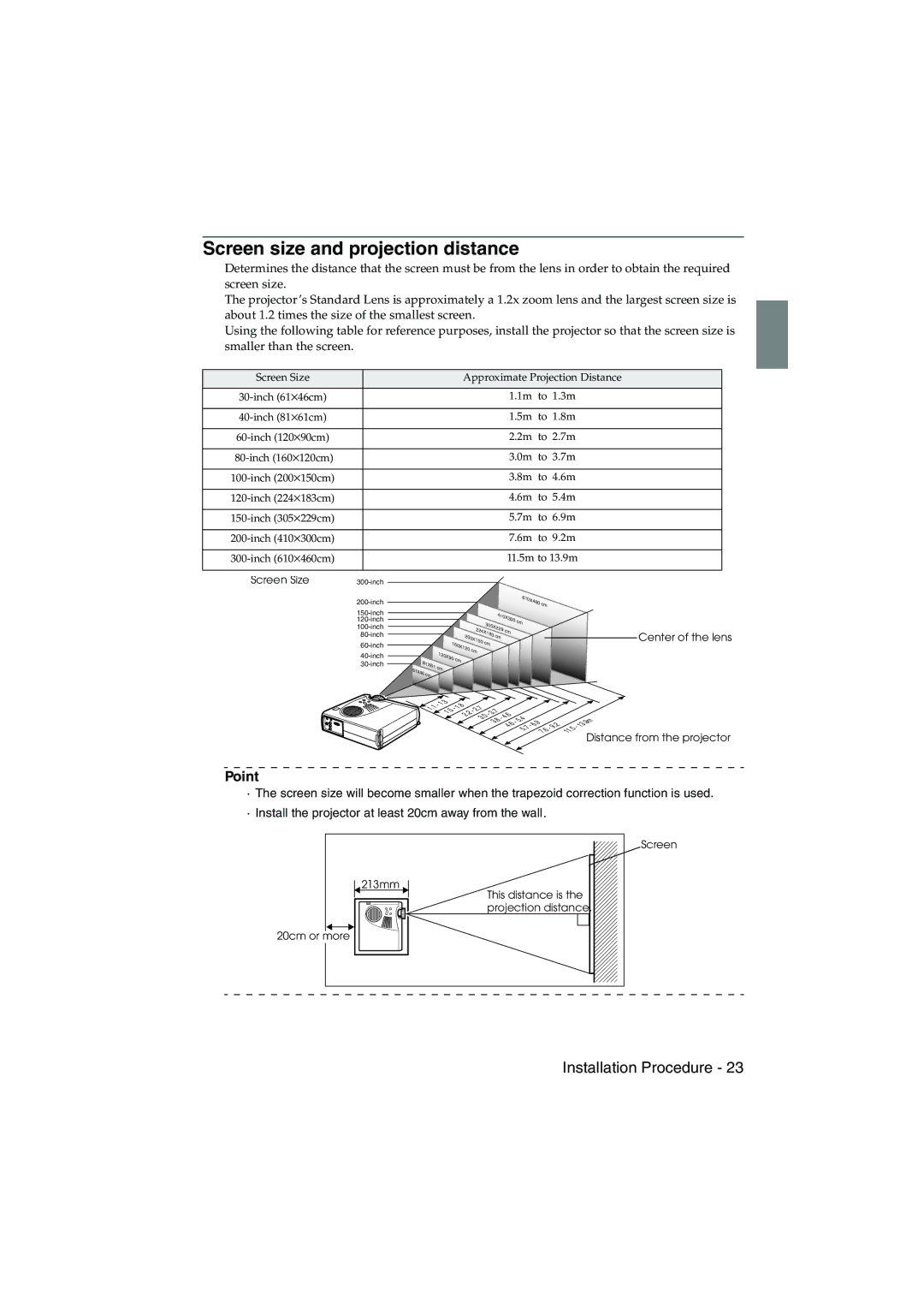 Epson EMP-715/505 manual Screen size and projection distance 