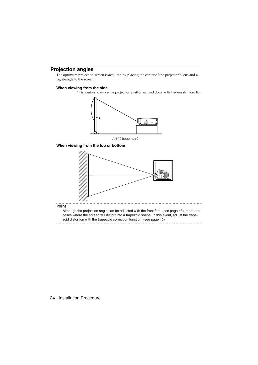 Epson EMP-715/505 manual Projection angles, When viewing from the side 