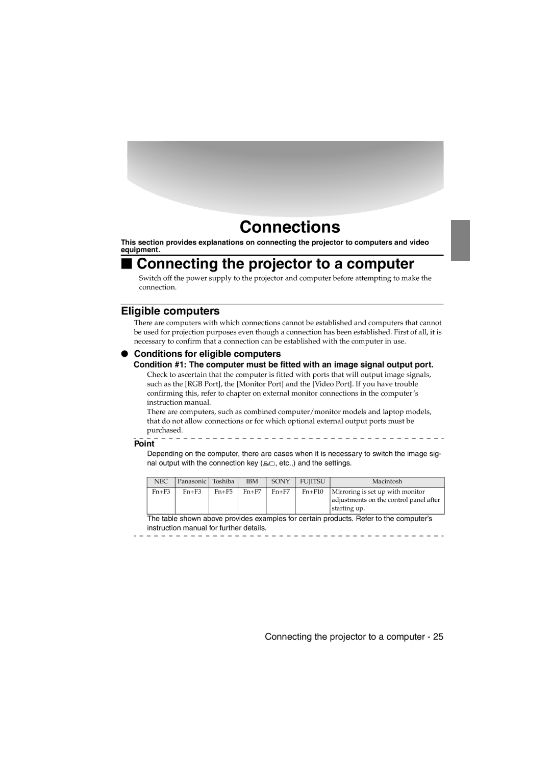 Epson EMP-715/505 manual Connecting the projector to a computer, Eligible computers, Conditions for eligible computers 