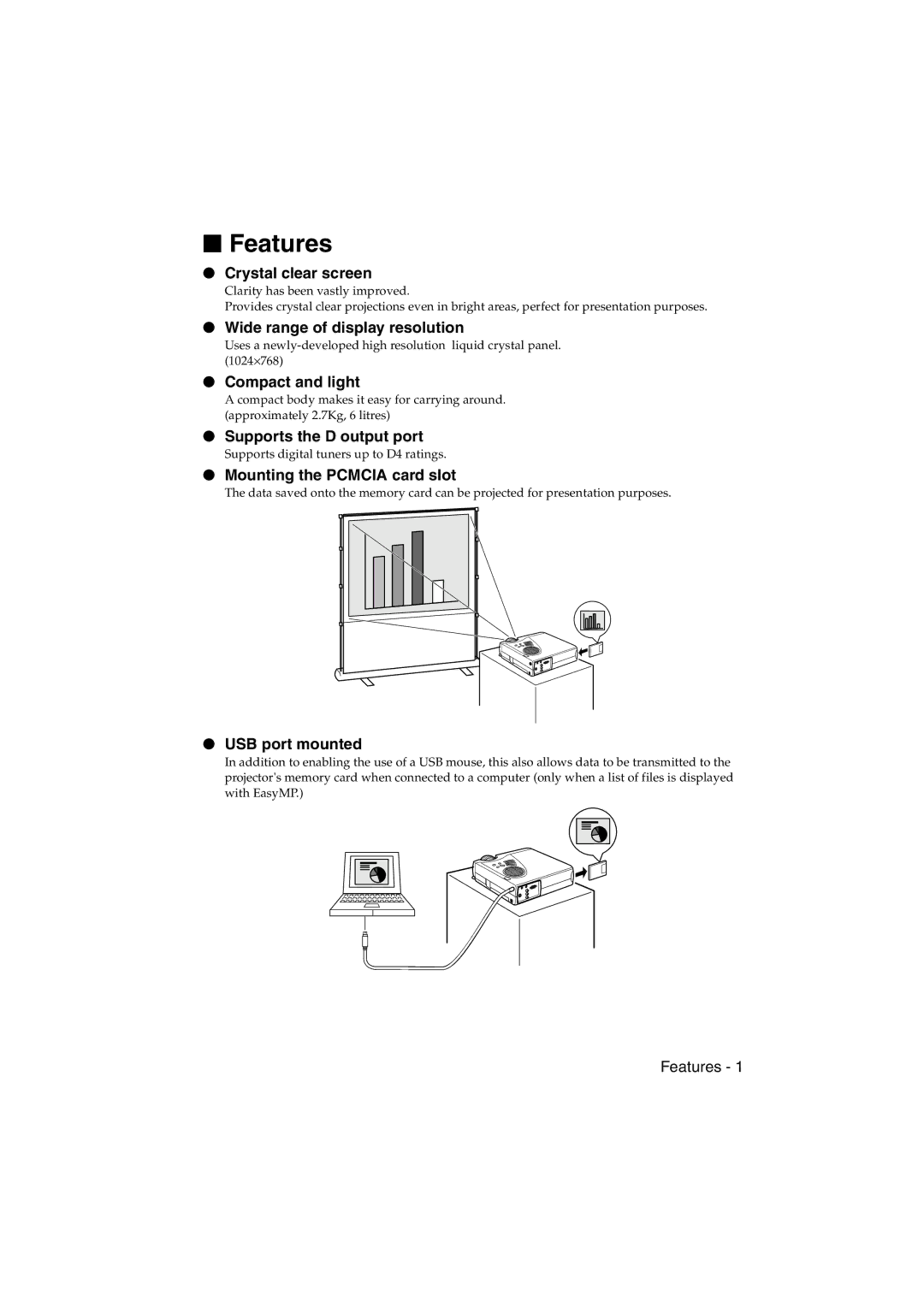 Epson EMP-715/505 manual Features 