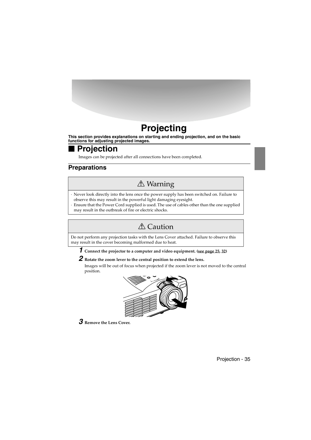 Epson EMP-715/505 manual Projection, Preparations, Remove the Lens Cover 