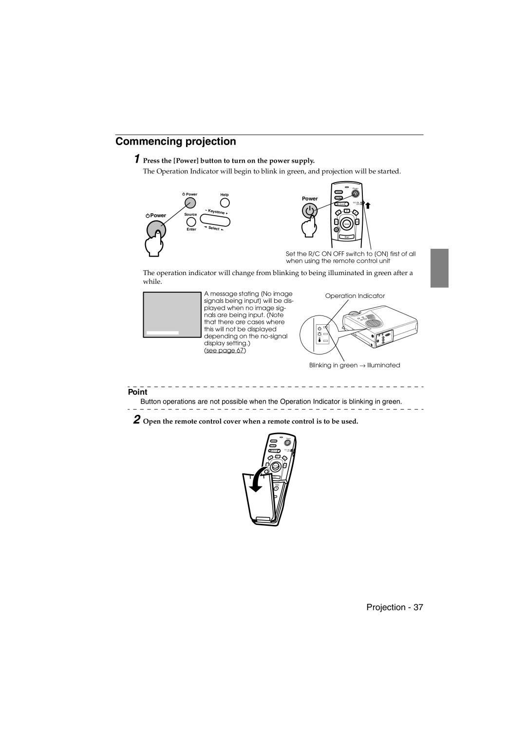 Epson EMP-715/505 manual Commencing projection, Press the Power button to turn on the power supply 