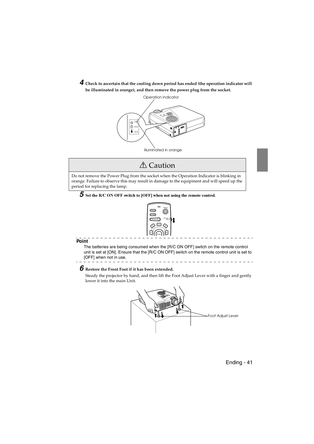 Epson EMP-715/505 manual Restore the Front Foot if it has been extended 