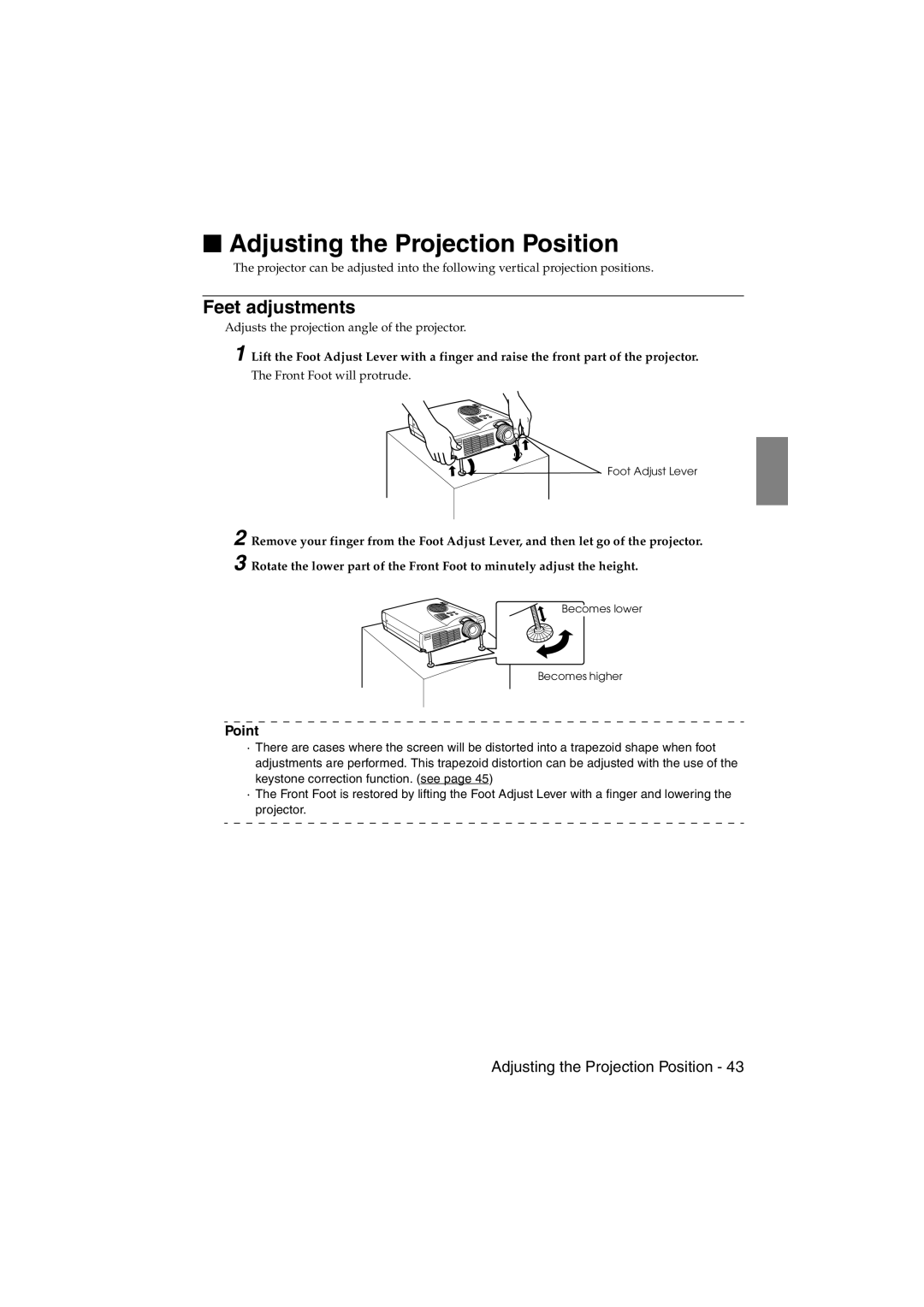 Epson EMP-715/505 manual Adjusting the Projection Position, Feet adjustments 