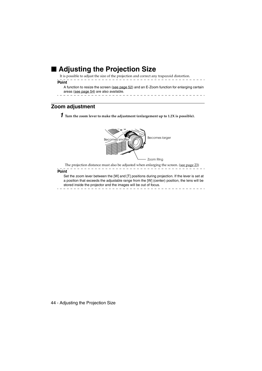 Epson EMP-715/505 manual Adjusting the Projection Size, Zoom adjustment 