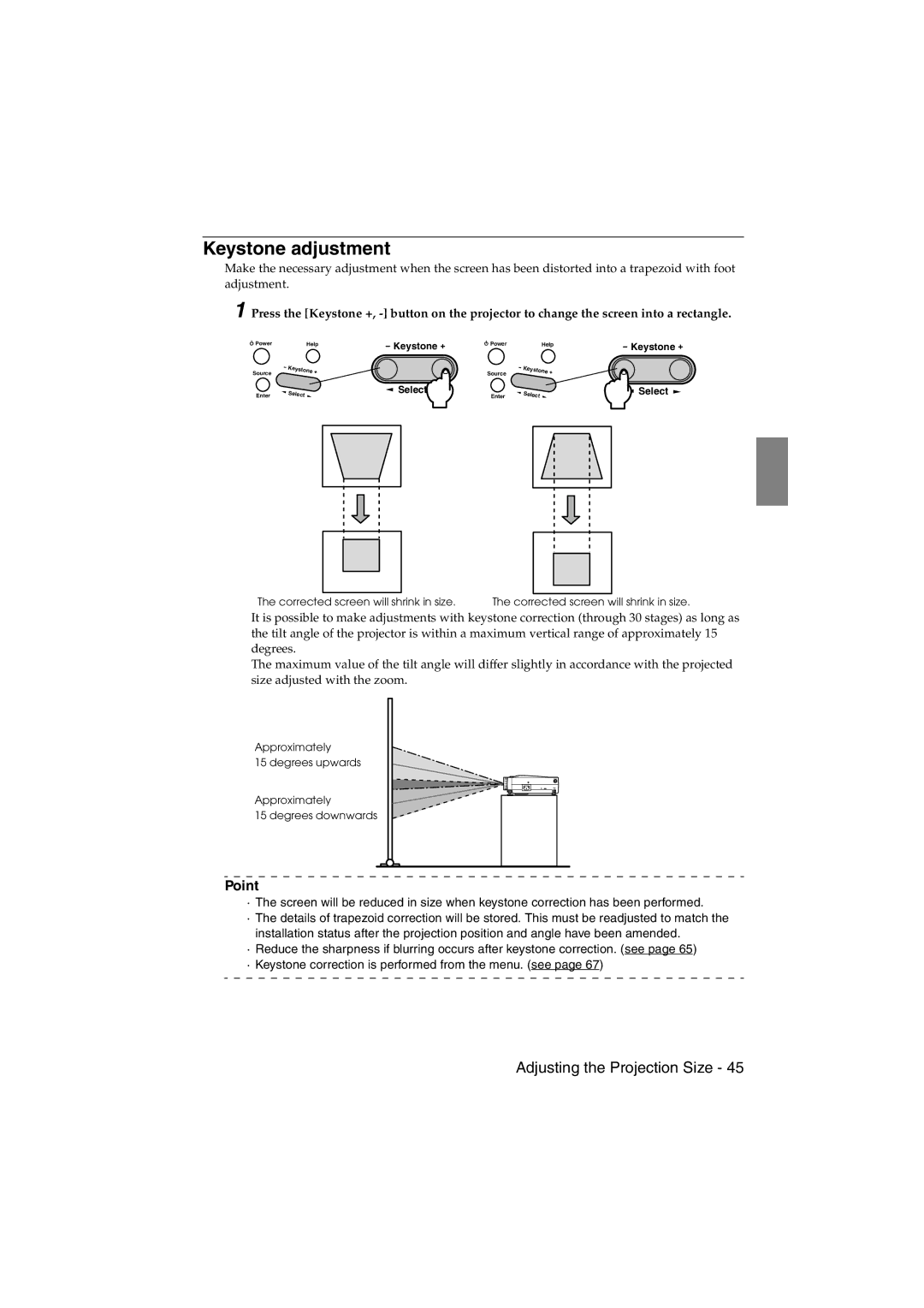 Epson EMP-715/505 manual Keystone adjustment 