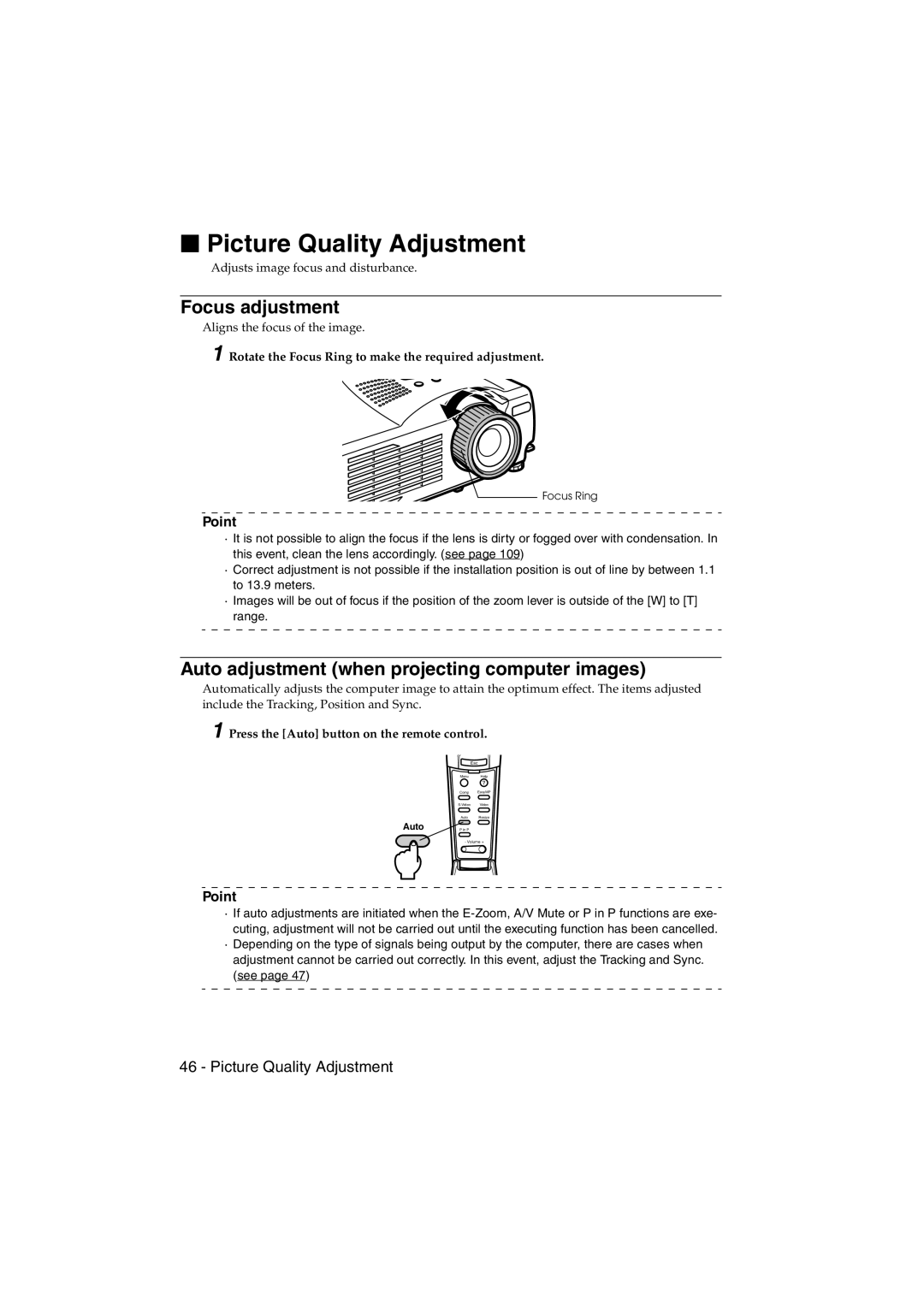 Epson EMP-715/505 manual Picture Quality Adjustment, Focus adjustment, Auto adjustment when projecting computer images 